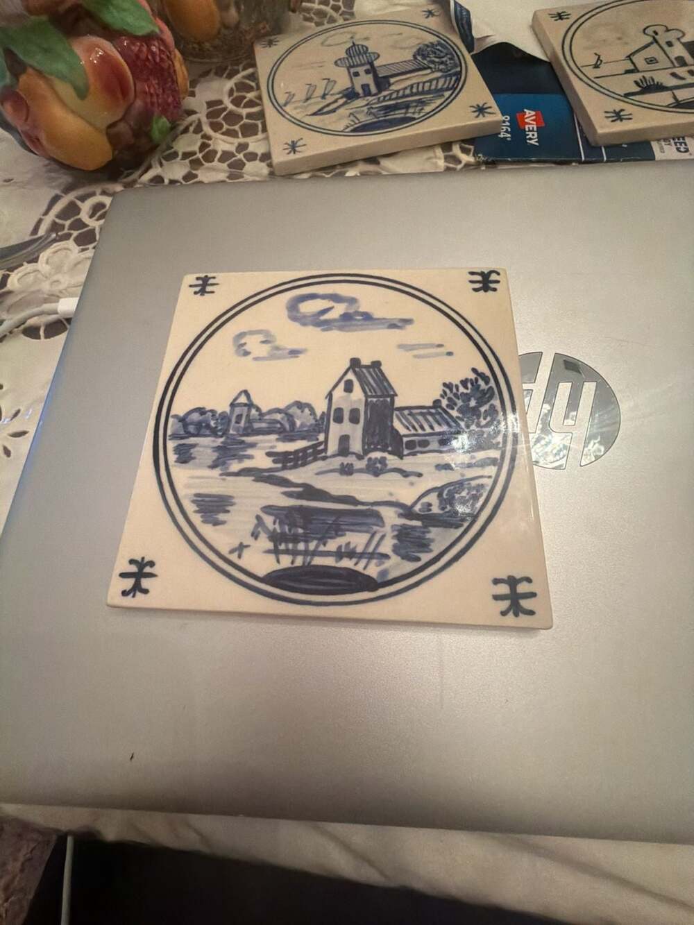 Vintage Dutch Delft Blue and White Hand-Painted Landscape Ceramic Tile